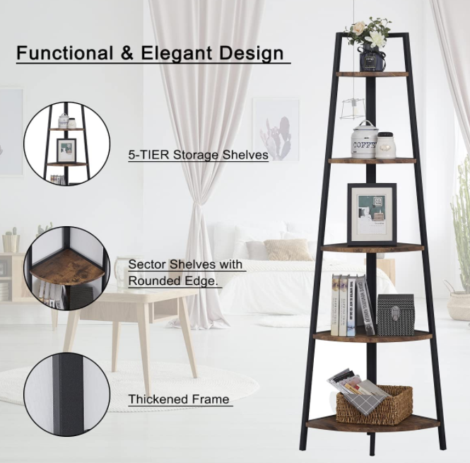 OIAHOMY Corner Shelf 70 Inch Tall Bookcase 5- Tier Industrial Corner Bookshelf Corner Ladder Shelf Small Bookshelf Rustic Plant Stand Rack Freestanding -Rustic Brown