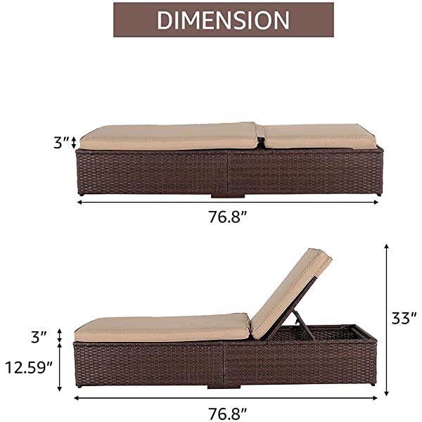 Patiorama Patio Chaise Lounge Chair, Sun Lounger, Outdoor Pool Beach Brown PE Rattan Wicker Reclining Chair W/Adjustable Backrest and Removable Cushion (Beige), Set of 2 2 Brown