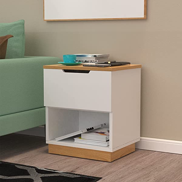 Elekin Nightstand with Drawer Bedroom Furniture End Table Side Stand Table for Bed File Cabinet Storage Table for Home Office Bedside Cabinets with Sliding Drawer and Shelf