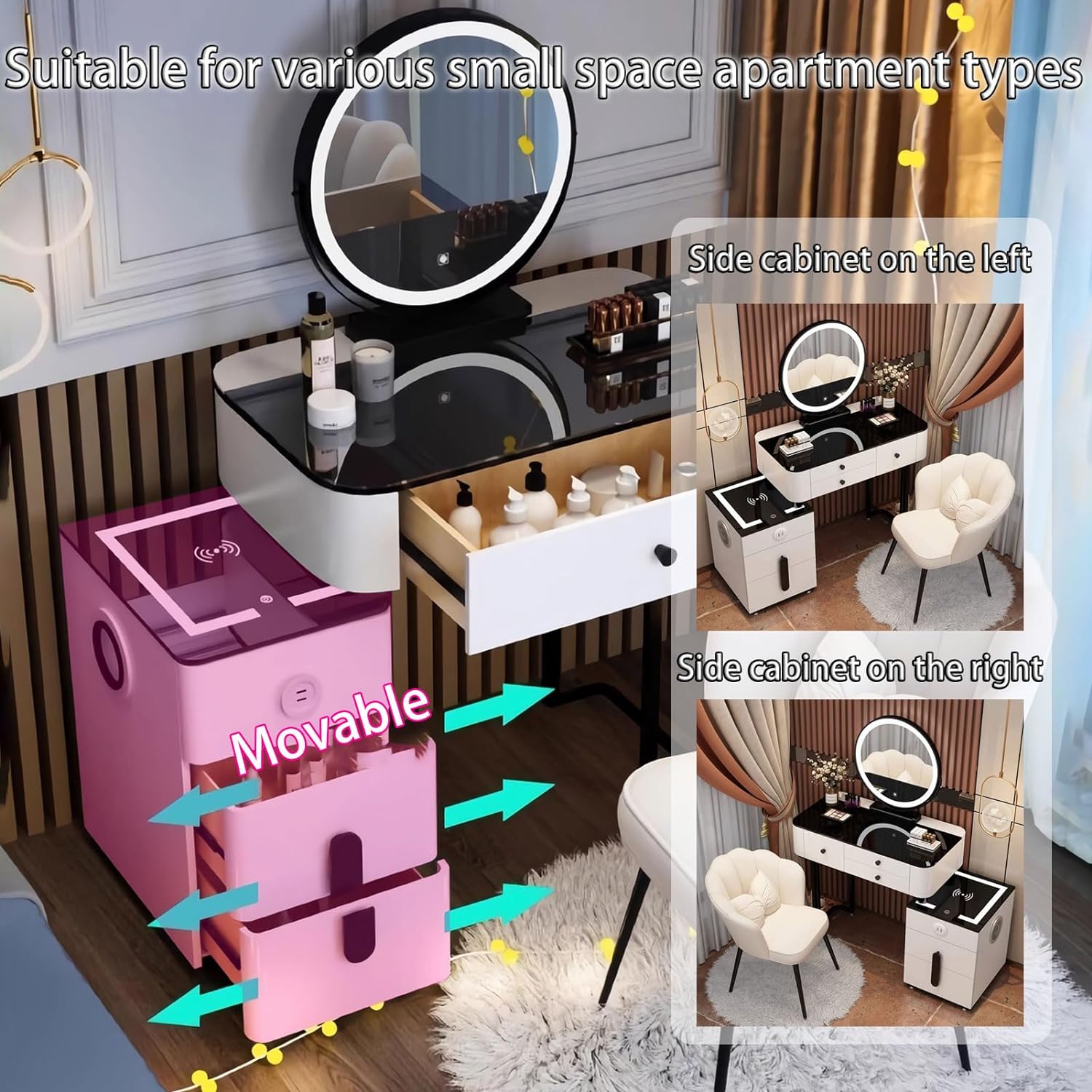 GOOCOO Dressing Table - Makeup Vanity Desk with Wireless Charging Station and Bluetooth Speaker - Vanity Set Contains Makeup Mirror, 5 Drawers and Makeup Stool for Bedroom