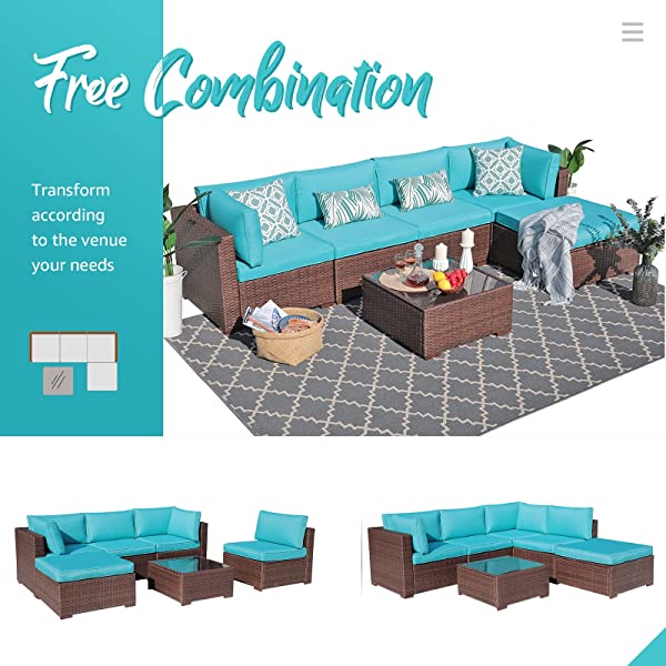 OC Orange-Casual 6-Piece Outdoor Patio Sectional Sofa Set Brown Wicker Furniture Set with Turquoise Seat Cushions & Tempered Glass Coffee Table