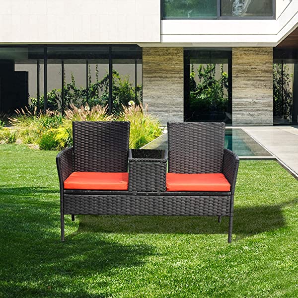 Outdoor Patio Loveseats, Patio Conversation Set with Cushions and Table, Wicker Sofa Set with Built-in Coffee Table, Tempered Glass Top, Modern Rattan Sofas for Garden Lawn Backyard Beige