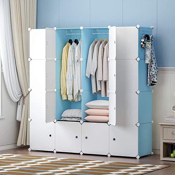 YOZO Cube Storage Organzier Portable Closet Wardrobe Bedroom Dresser (71x14x71 inches) Portable Closet Cube Shelf Armoire Pantry Cabinet, 25 Cubes, Blue 25Cubes Blue