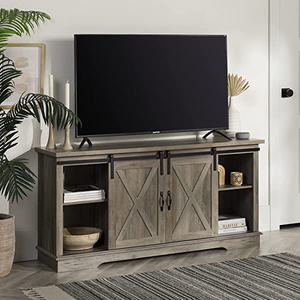 Walker Edison Richmond modern farmhouse sliding barn door TV stand for up to 52 inches, white and rustic oak white without fireplace 52 inches TV