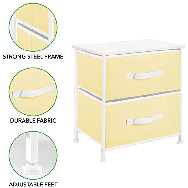 mDesign Storage Dresser End/Side Table Night Stand Furniture Unit - Small Standing Organizer for Bedroom, Office, Living Room, and Closet - 2 Drawer Removable Fabric Bins - Gray/White Grey