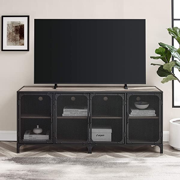 Walker Edison Malcomb Urban Industrial Metal Mesh Double Door Rolling Bar Cabinet, 33 Inch, Rustic Oak Rustic Oak 33 Inch