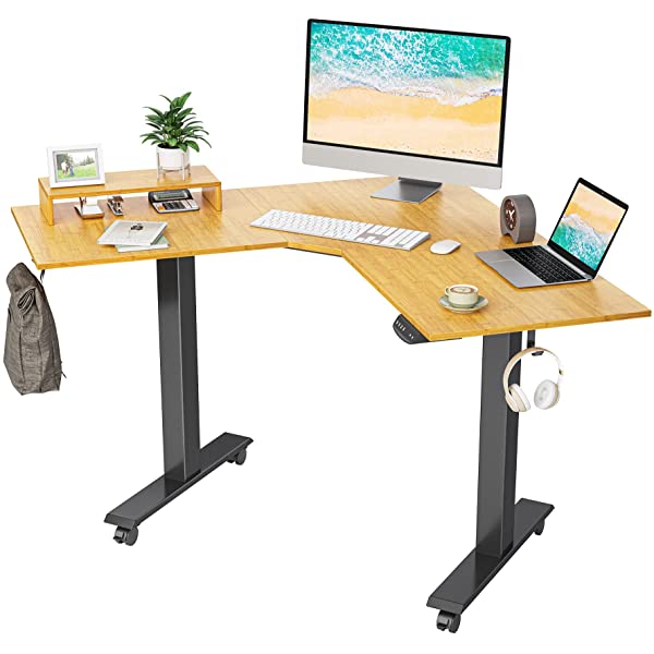 FEZIBO Dual Motor L-Shaped Electric Standing Desk, 48 Inches Height Adjustable Corner Desk, Full Sit Stand Home Office Table with Splice Board, Black Frame/Rustic Brown Top