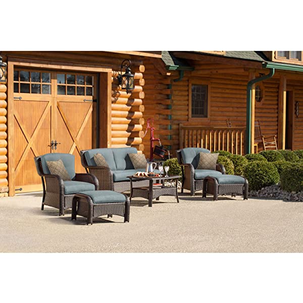 Hanover Strathmere 6-Piece Outdoor Patio Conversation Set, 2 Side Chairs with Ottomans, Loveseat and Tempered Glass Coffee Table, with Hand-Woven Wicker and Thick Cilantro Green Cushions, STRATHMERE6PC