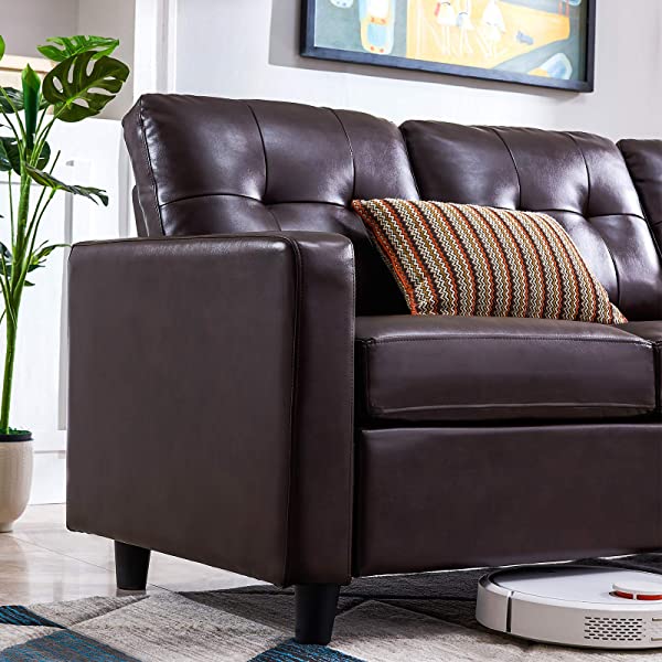 HONBAY Convertible Sectional Sofa Couch, L Shaped Sofa Couch with Faux Leather Sectional for Small Apartment Brown