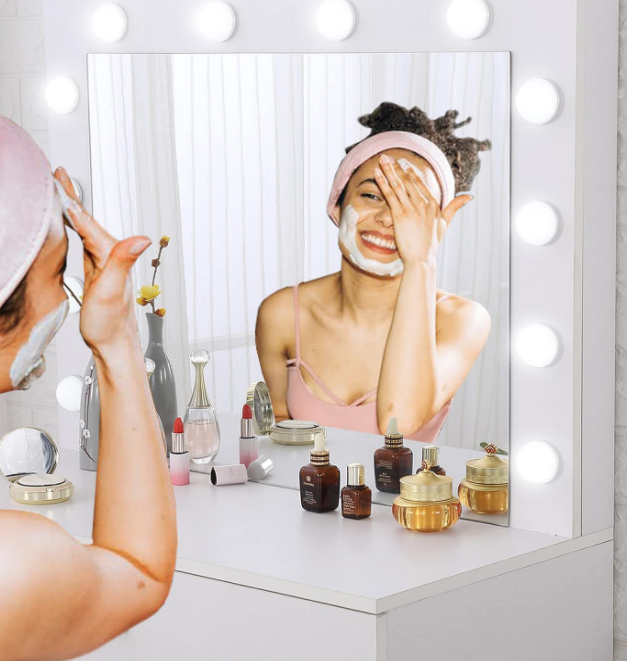 Vanity Table Set with Lighted Mirror - Makeup Vanity with Lights, Adjustable Brightness, Large Drawer Sturdy Wood Vanity, White