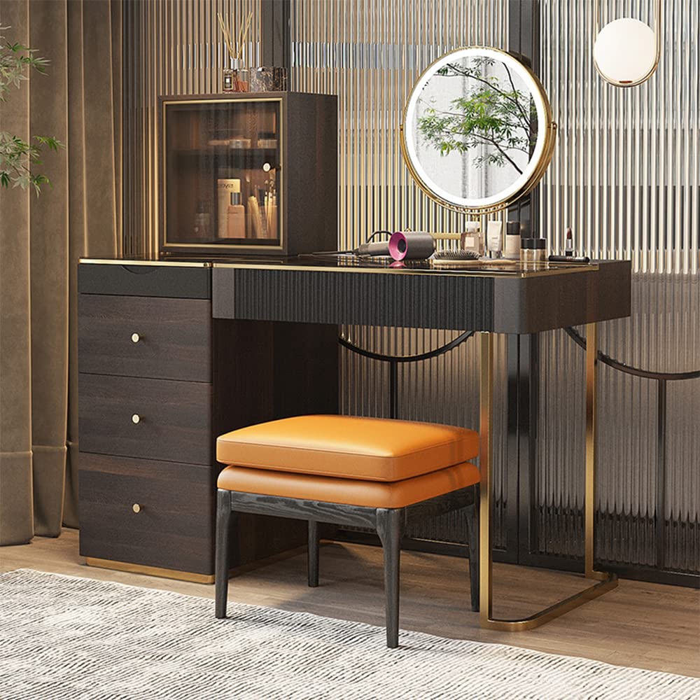 【Furniture】Mid Century Modern Vanity Desk, Makeup Vanity Table with PU Leather Stool