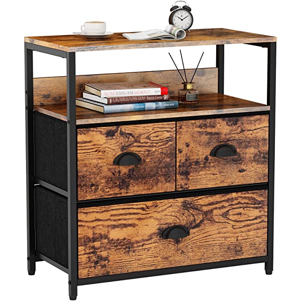 Furologee Nightstand with 3 Drawers, Dresser with Storage Shelf, Bedside Table/Closet Organizer, Rustic Fabric Linen Bins & Wooden Top for Bedroom, Hallway, Hotel (Rustic Brown)