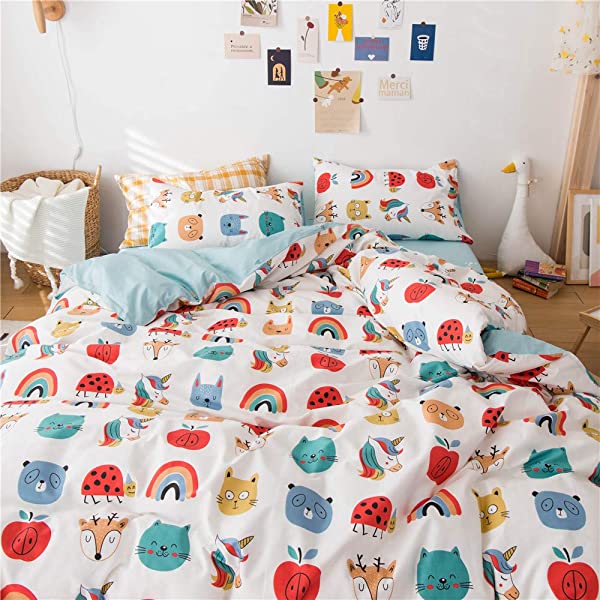New Cartoon Animals Elephant Print Duvet Cover Sets for Kids 100% Cotton Reversible Soft 3 Pieces Kids Bedding Duvet Cover Pillowcases Kawaii Cloud Bedding Sets, Queen/Full Full/Queen (1 Duvet Cover + 2 Pillowcases) Multi A00 Elephant Bunny Balloon
