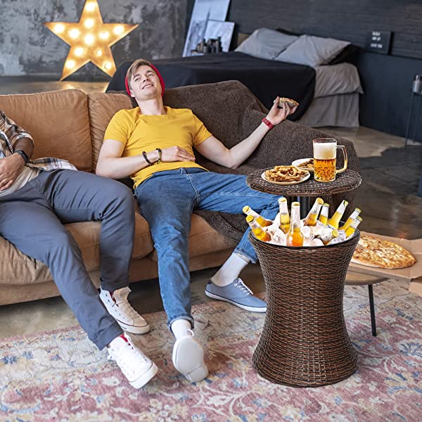 ZENY Cool Bar Rattan Style Patio Pool Cooler Table W/Height Adjustable Top Outdoor Wicker Ice Bucket Cocktail Coffee Table for Party Deck Pool Use, Set of 2