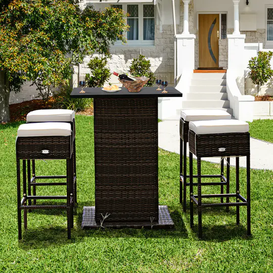【Home&Garden】Patiojoy 5PCS Patio Rattan Bar Table Stool Set Hidden Storage Shelf Soft HW68244+