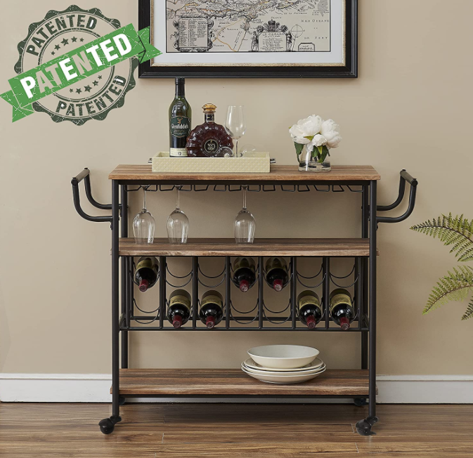 HOMYSHOPY Industrial bar cart with wine rack and glass rack, mobile wine cart with wheels suitable for households, metal service carts and kitchen storage carts, 3 shelves, vintage brown
