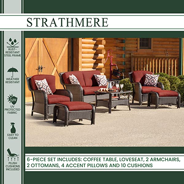 Hanover Strathmere 6-Piece Outdoor Patio Conversation Set, 2 Side Chairs with Ottomans, Loveseat and Tempered Glass Coffee Table, with Hand-Woven Wicker and Thick Cilantro Green Cushions, STRATHMERE6PC