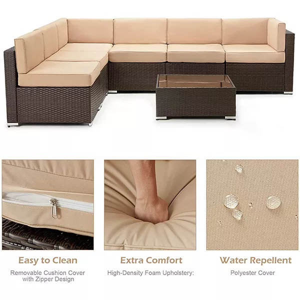 7 PIECE OUTDOOR PATIO FURNITURE SET, PE RATTAN WICKER SOFA SET