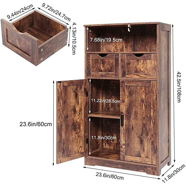 IWELL Large Storage Cabinet with 2 Adjustable Drawers & 2 Shelf, 42.5”H x 23.6”L x 11.8”W, Floor Storage Cabinet with Double Door, Sideboard, Cupboard for Living Room, Home Office, Rustic Brown