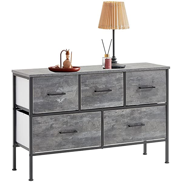 5 Drawer Dresser Long Wide Chest of Drawers Nightstand with Wood Top Rustic Storage Tower Storage Dresser Closet for Living Room, Bedroom, Hallway, Nursery, Kid Weathered Grey