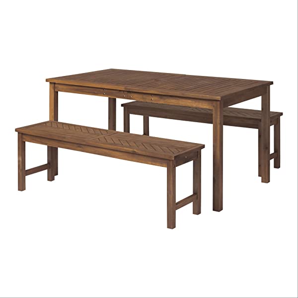 Walker Edison 5 Person Outdoor Wood Chevron Patio Furniture Dining Set Table Chairs Bench All Weather Backyard Conversation Garden Poolside Balcony, 4 Piece, Brown Brown 4 Piece Dining Set