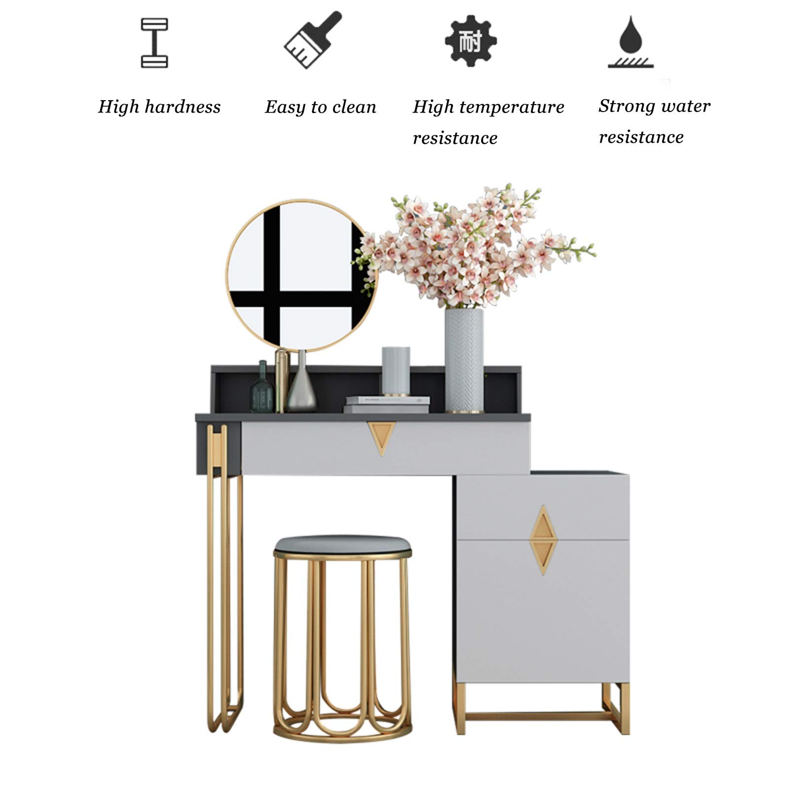 【Furniture】Dresser Modern Dressing Table Vanity Table Set with Sliding Mirror & Stool, Large Storage for Makeup