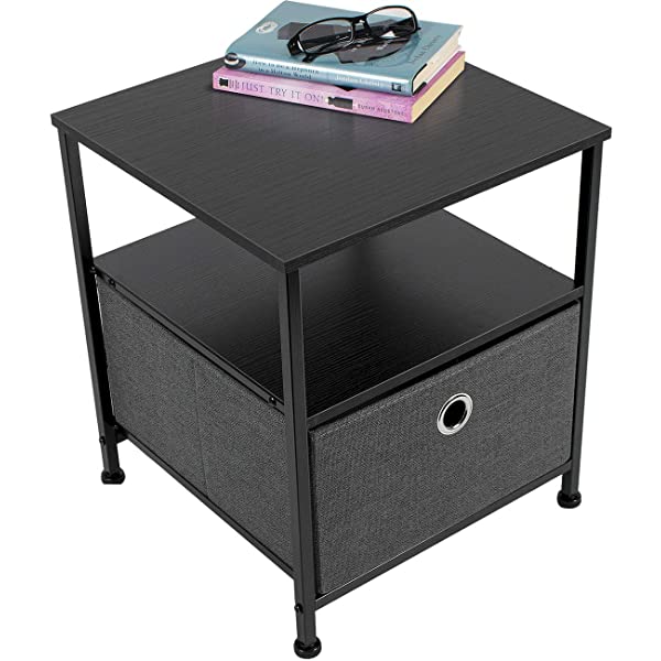 Sorbus Nightstand 1-Drawer Shelf Storage- Bedside Furniture & Accent End Table Chest for Home, Bedroom, Office, College Dorm, Steel Frame, Wood Top, Easy Pull Fabric Bins (Rustic Wood)