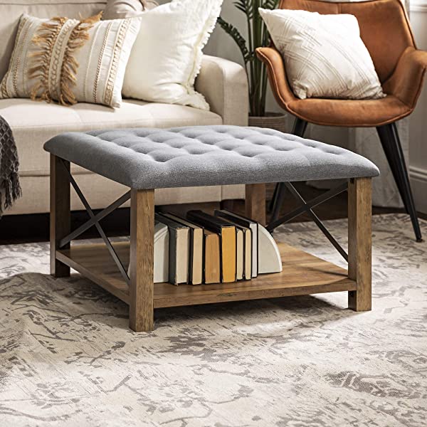 Walker Edison Cambridge Modern Farmhouse Metal X Tufted Ottoman, 30 Inch, Grey Grey Upholstered Ottoman