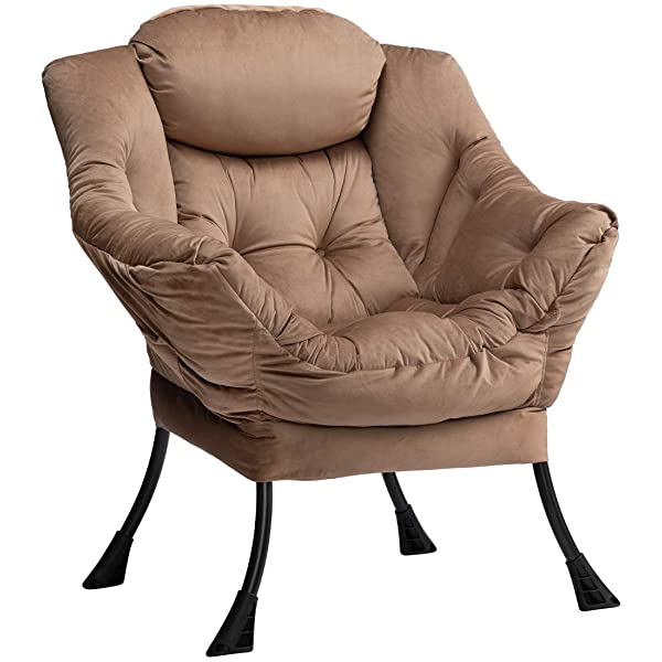 AbocoFur Modern Large Cotton Fabric Lazy Chair，Accent Contemporary Lounge Chair, Single Steel Frame Leisure Sofa Chair with Armrests and A Side Pocket, Beige