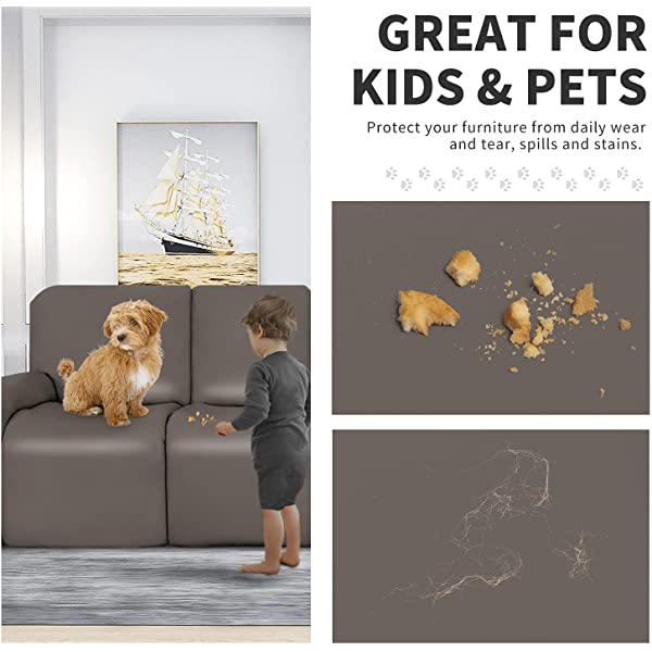 Easy-Going PU Leather Recliner Sofa Slipcovers, Waterproof Stretch Sofa Covers, 8 Pieces Stretch Furniture Protector, Elastic Strap Shield Pets Kids Children Cats Dogs Beige