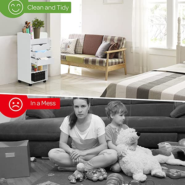 Tangkula Rolling Storage Drawer Cart, Wooden Utility Cart w/ 3 Drawers, 3 Shelves, 3 Slots and 2 Dowels, Organizer Cabinet w/ Lockable Casters, Mobile Cart for Study, Living Room, Office, White