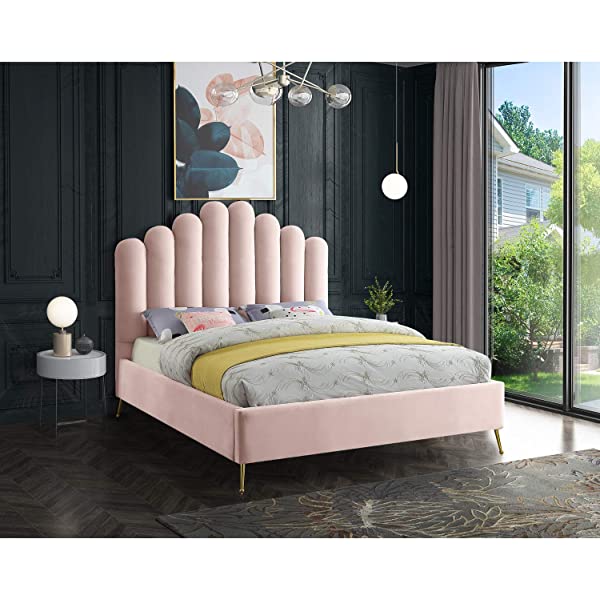 Meridian Furniture Lily Collection Modern | Contemporary Velvet Upholstered Bed with Deep Channel Tufting and Custom Gold Steel Legs, Queen, Cream Cream Queen