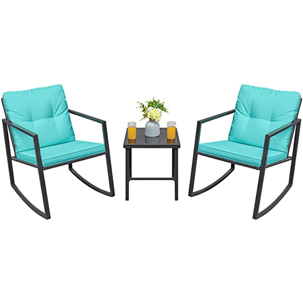 Greesum 3 Pieces Rocking Wicker Bistro Set, Patio Outdoor Furniture Conversation Sets with Porch Chairs and Glass Coffee Table, Beige