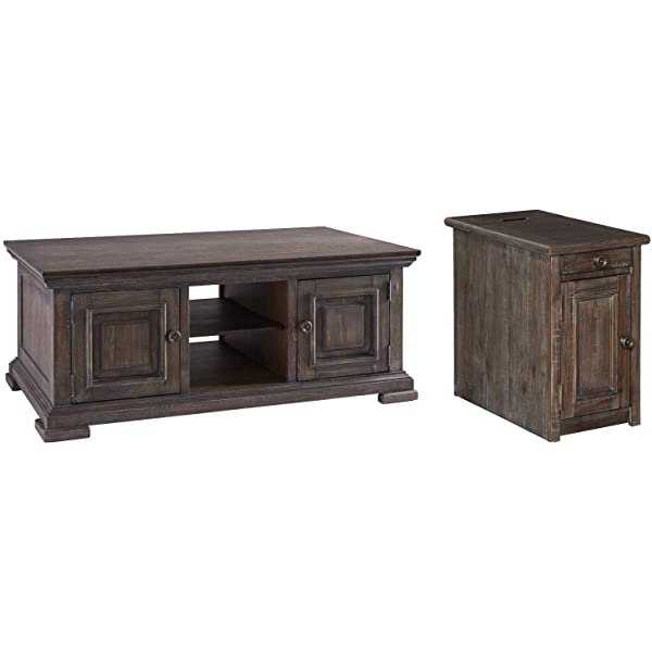 Signature Design by Ashley Tyler Creek Rustic Chair Side End Table with Pull-Out Tray & USB Ports, Brown Blackish Brown Table
