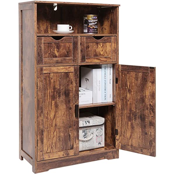 IWELL Large Storage Cabinet with 2 Adjustable Drawers & 2 Shelf, 42.5”H x 23.6”L x 11.8”W, Floor Storage Cabinet with Double Door, Sideboard, Cupboard for Living Room, Home Office, Rustic Brown