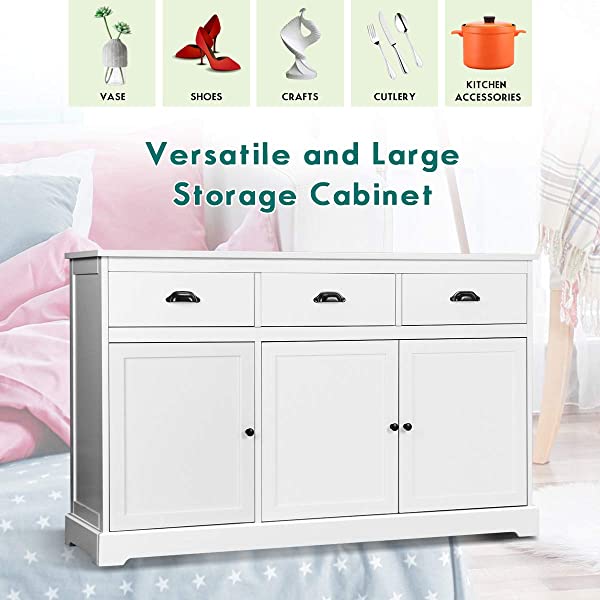 Giantex Sideboard Buffet Server Storage Cabinet Console Table Home Kitchen Dining Room Furniture Entryway Cupboard with 2 Cabinets and 3 Drawers Adjustable Shelves, White (White)