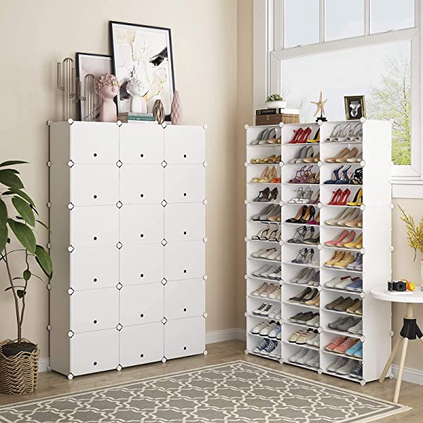 KOUSI Portable Shoe Rack Organizer 24 Pair Tower Shelf Storage Cabinet Stand Expandable for Heels, Boots, Slippers, 6 Tier White 32