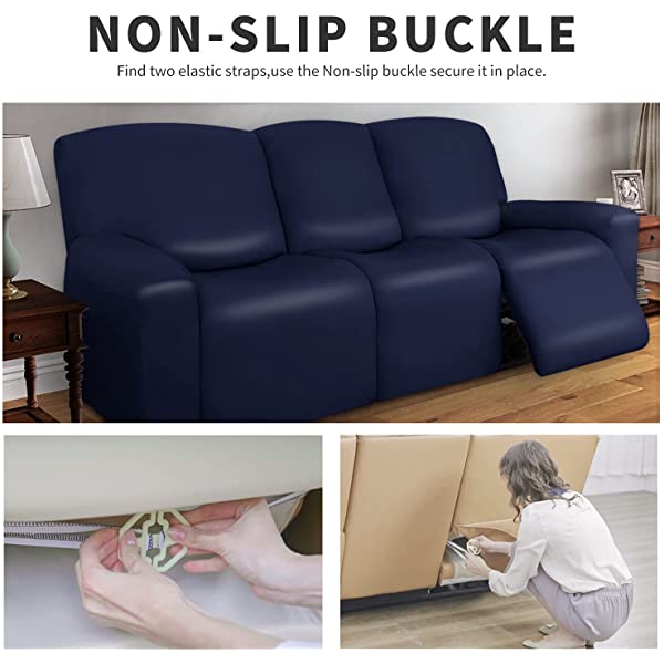 Easy-Going PU Leather Recliner Sofa Slipcovers, Waterproof Stretch Sofa Covers, 8 Pieces Stretch Furniture Protector, Elastic Strap Shield Pets Kids Children Cats Dogs Beige