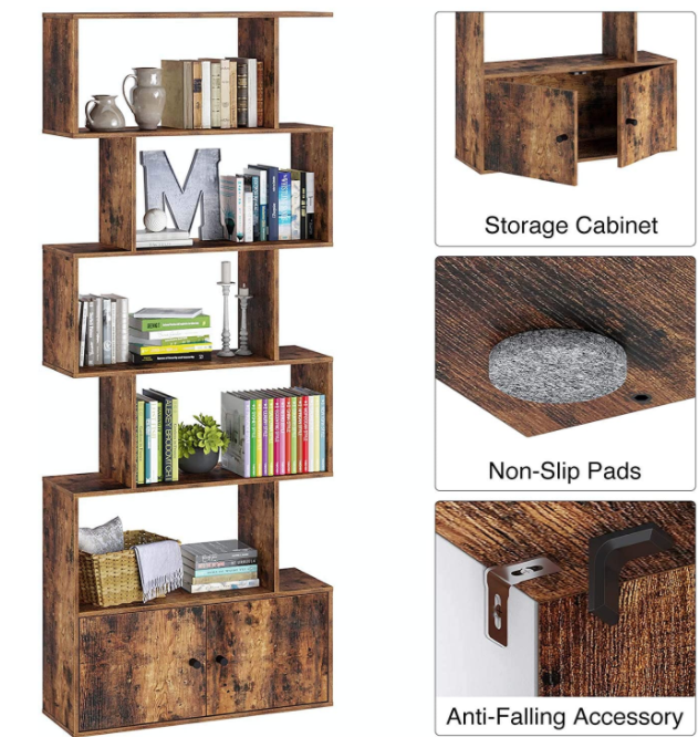 Rolanstar Bookshelf with Doors, 6-Tier Bookcase with Cabinet, Freestanding Bookshelves Storage Display Cabinet, Rustic Wood Bookshelf for Living Room, Bedroom, Home Office