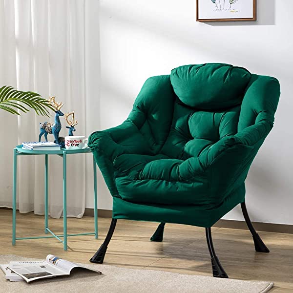 AbocoFur Modern Large Cotton Fabric Lazy Chair，Accent Contemporary Lounge Chair, Single Steel Frame Leisure Sofa Chair with Armrests and A Side Pocket, Beige