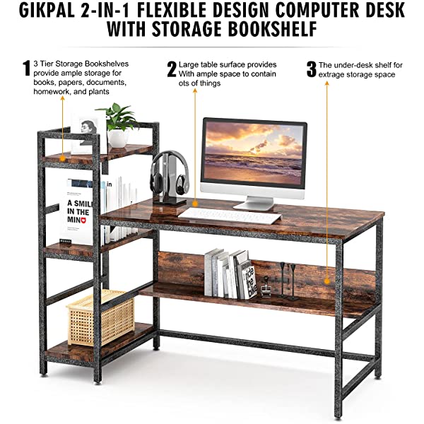 Computer Desk 55 inch with Storage Shelves Study Writing Table for Home Office,Modern Simple Style, Rustic Brown