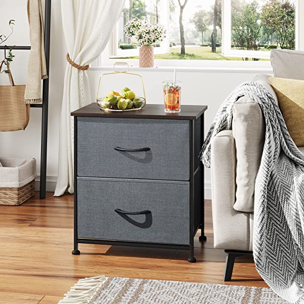 WLIVE Nightstand with 2 Fabric Drawers, Bedside Furniture & End Table Dresser for Bedroom, Living Room, Steel Frame, Wood Top, Easy Pull Handle Charcoal Gray