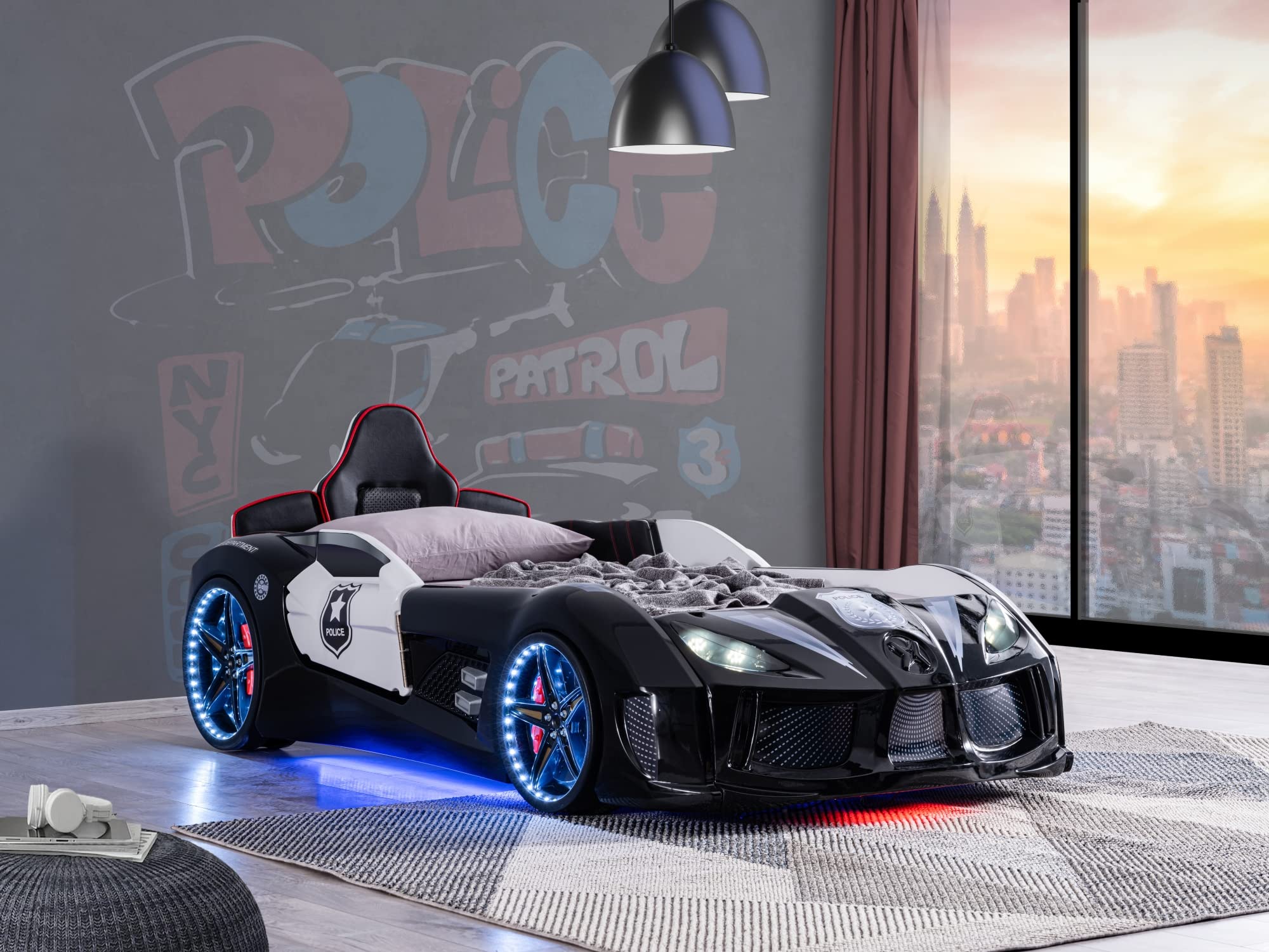 【Furniture】Racing Car Bed for Kids - Kids Car Bed with Led Lights, Single Race Car Bed with Leather Cushioning