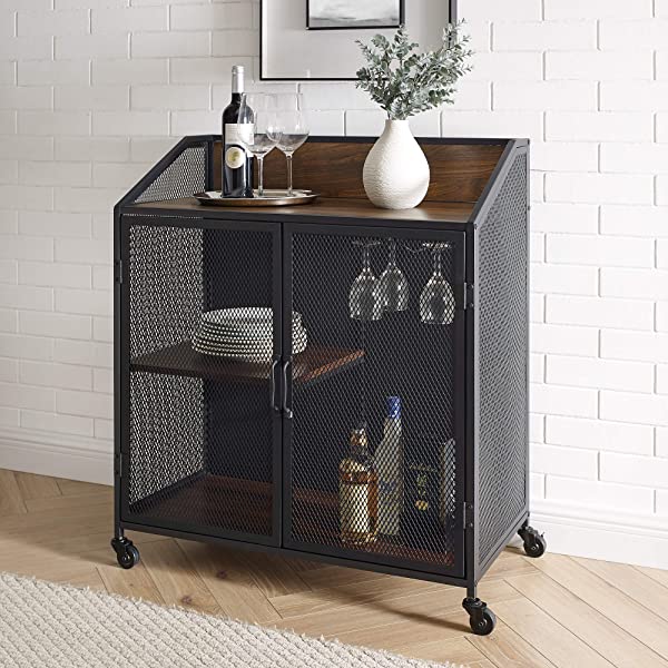 Walker Edison Malcomb Urban Industrial Metal Mesh Double Door Rolling Bar Cabinet, 33 Inch, Rustic Oak Rustic Oak 33 Inch