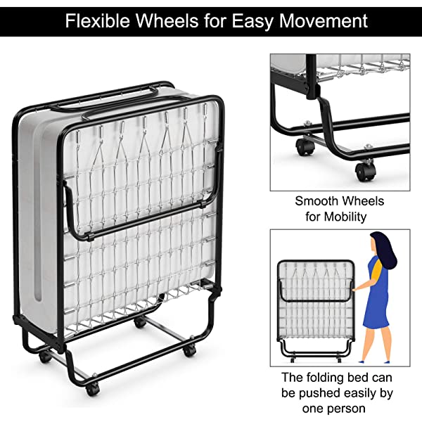 Giantex Rollaway Folding Bed with 4 Inch Mattress, Portable Foldable Guest Bed for Adults, Sturdy Metal Frame, Memory Foam Mattress, Folding Bed Cot Size (Beige & Black) Wood