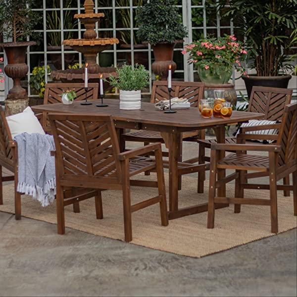 Walker Edison 5 Person Outdoor Wood Chevron Patio Furniture Dining Set Table Chairs Bench All Weather Backyard Conversation Garden Poolside Balcony, 4 Piece, Brown Brown 4 Piece Dining Set