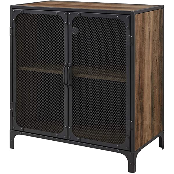 Walker Edison Malcomb Urban Industrial Metal Mesh Double Door Rolling Bar Cabinet, 33 Inch, Rustic Oak Rustic Oak 33 Inch