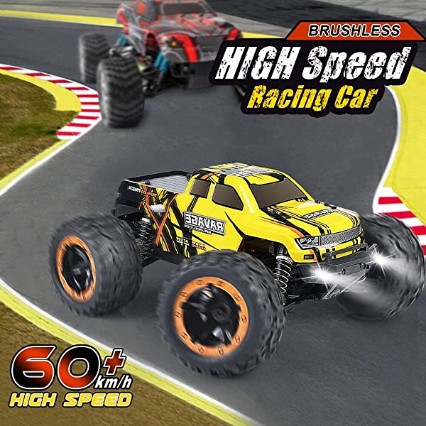 NUOKE Brushless RC Cars 1:16 Scale RTR 60km/h Remote Control Truck High Speed 4WD 2.4Ghz Waterproof Monster Truck with 2 Rechargeable Batteries Offroad Gift for Boys Car for Kids and Adults 1-yellow