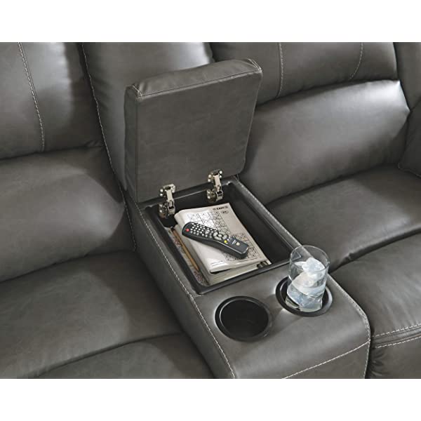 Signature Design by Ashley - Calderwell Contemporary Faux Leather Double Reclining Loveseat w/ Console - Adjustable - Gray Manual Loveseat Grey