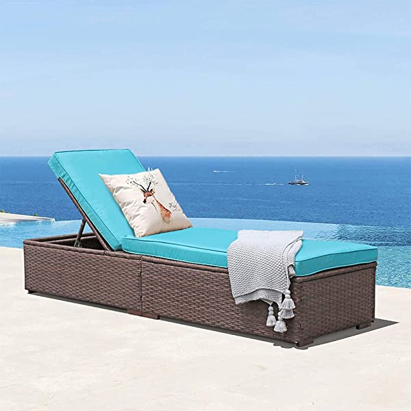 Patiorama Patio Chaise Lounge Chair, Sun Lounger, Outdoor Pool Beach Brown PE Rattan Wicker Reclining Chair W/Adjustable Backrest and Removable Cushion (Beige), Set of 2 2 Brown